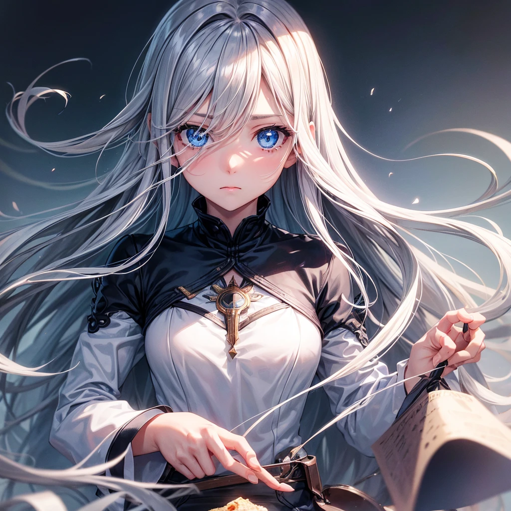 One girl, Long Hair, High resolution, Gaze, blue eyes, Food, Gray Hair, I want to cry, Simple Background, far and near method, Illustration, 