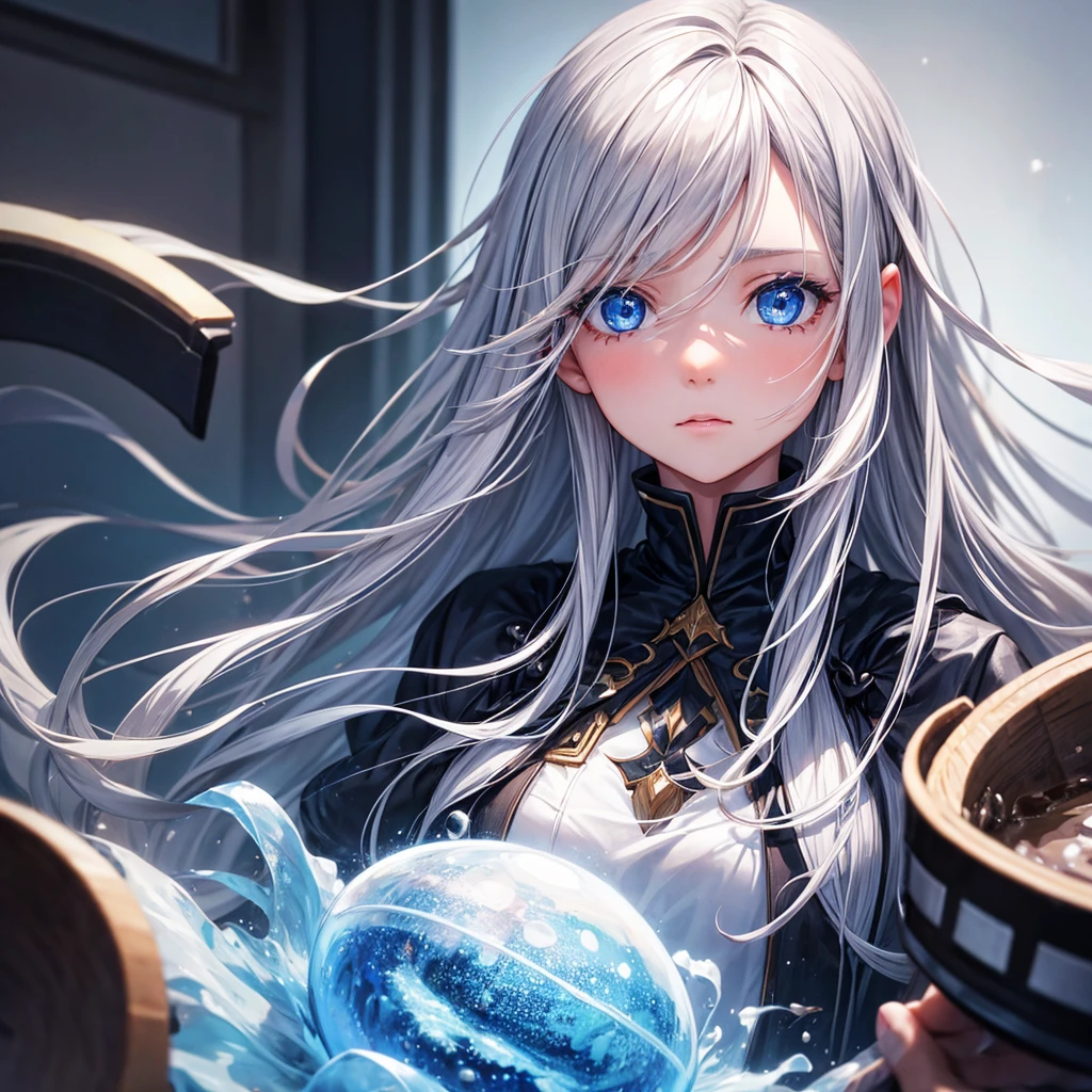 One girl, Long Hair, High resolution, Gaze, blue eyes, Food, Gray Hair, I want to cry, Simple Background, far and near method, Illustration,