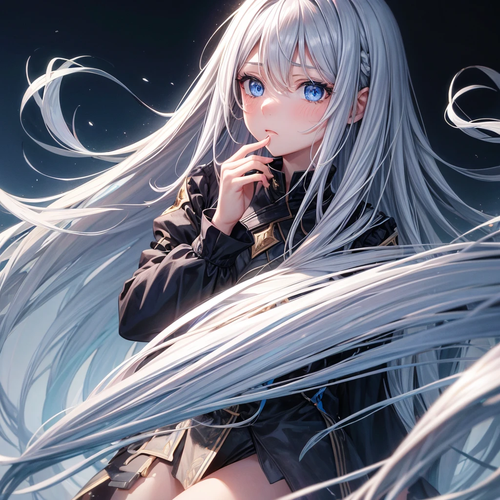 One girl, Long Hair, High resolution, Gaze, blue eyes, Food, Gray Hair, I want to cry, Simple Background, far and near method, Illustration,