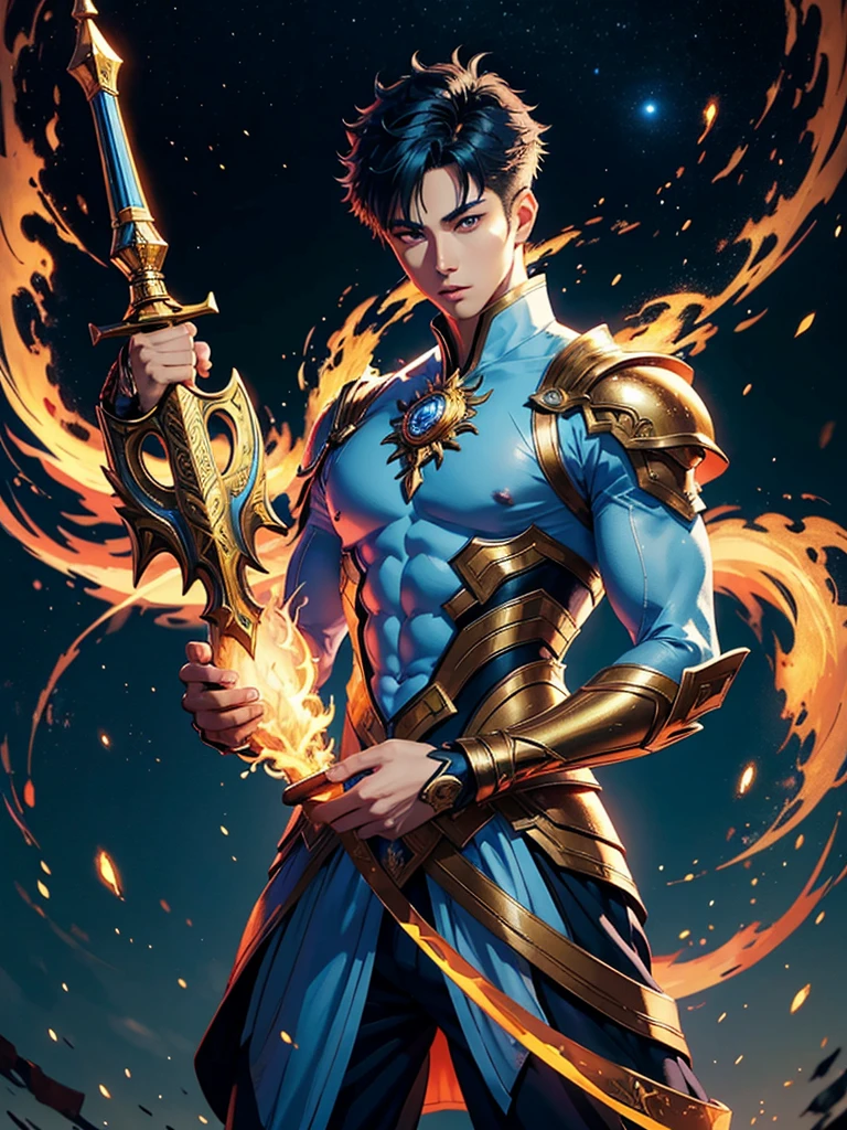 A asian boy like Mighty Archangel Michael, 20-29 years old, handsome, kpop idol actor, many jawline, manly chin, Full Body Shoot, (eyes contact), detailed facial parts, Manly, bare chest, 
Quiff haircut :: high detail, is in highly detailed battle armor, holding a detailed flaming blue sword of golden pearls, detailed fingers, a flaming sacred aura radiating from his body, stylish model pose, moon background, surreal, fantasy, magical, intricate details, depth of field. Best quality, masterpiece, ultra high resolution, (anime realism, photorealistic: 1.4), perfect composition, centered, symmetry
