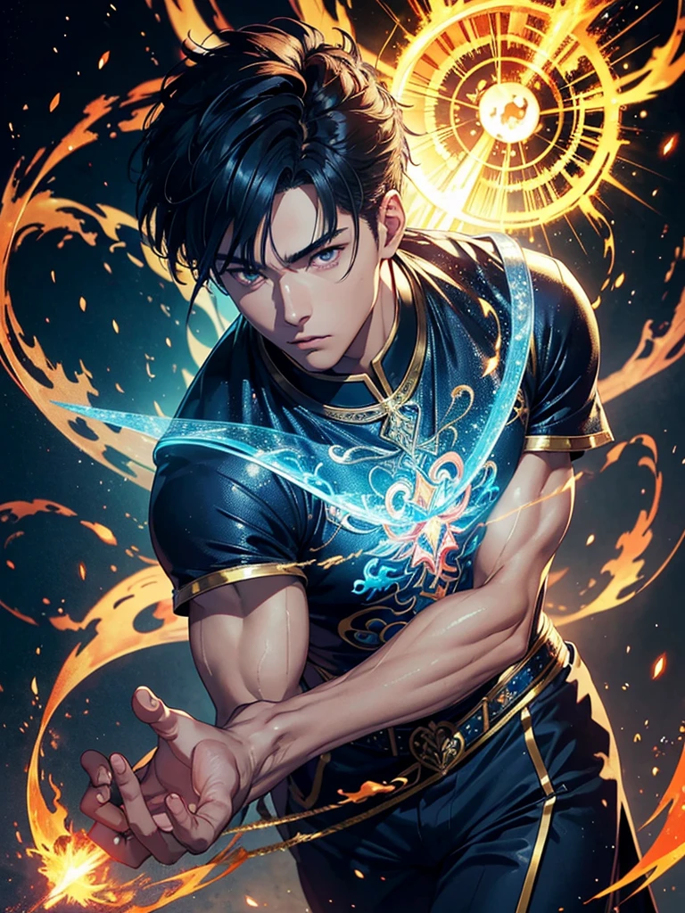 A asian boy like Mighty Archangel Michael, 20-29 years old, handsome, kpop idol actor, many jawline, manly chin, Full Body Shoot, (eyes contact), detailed facial parts, Manly, bare chest,
Quiff haircut :: high detail, is in highly detailed battle armor, holding a detailed flaming blue sword of golden pearls, detailed fingers, a flaming sacred aura radiating from his body, stylish model pose, moon background, surreal, fantasy, magical, intricate details, depth of field. Best quality, masterpiece, ultra high resolution, (anime realism, photorealistic: 1.4), perfect composition, centered, symmetry
