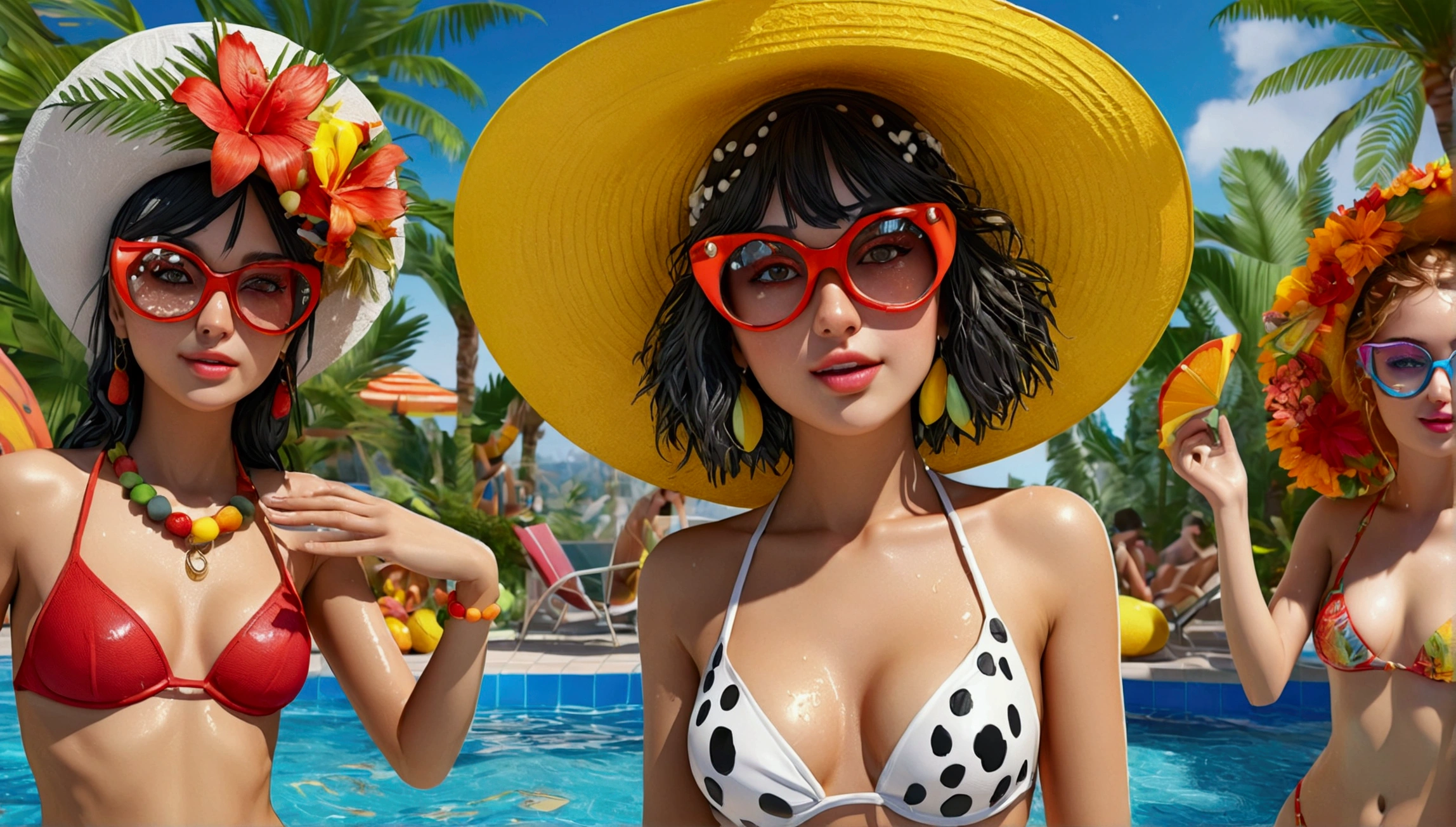 Beautiful girls wearing bikinis at a pool party, detailed face, full body shot, detailed eyes, detailed lips, wet skin, splashing water, tropical plants, palm tree, flower fruit hat, the sun shines, vivid colors, Amazing 4K, realistic, very detailed, top quality, , yellow hat, circular transparent goggles, pointy ears, red eyes, rainbow dress, large billboard, Dalmatian, Gulliver's Travels, giant, large billboard world, beach, palm tree, play Appliances, food trucks