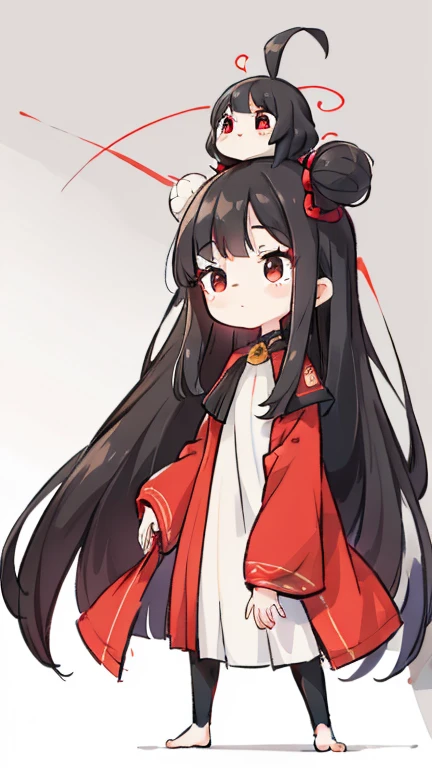 girl　Primary school students　Young Girl　小さいgirl　Height: 130cm　Standing picture Simple design　The dress is a one-piece　Long hair　Long Black Hair　Hair is black　Red eyes　Shoulder-baring ahoge
