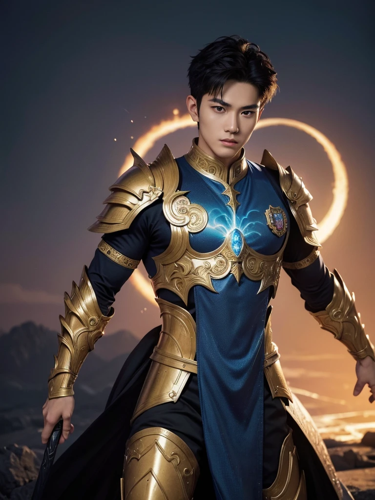 A asian boy like Mighty Archangel Michael, 20-29 years old, handsome, kpop idol actor, many jawline, manly chin, Full Body Shoot, (eyes contact), detailed facial parts, Manly, bare chest,
Quiff haircut :: high detail, is in highly detailed battle armor, holding a detailed flaming blue sword of golden pearls, detailed fingers, a flaming sacred aura radiating from his body, stylish model pose, moon background, surreal, fantasy, magical, intricate details, depth of field. Best quality, masterpiece, ultra high resolution, (anime realism, photorealistic: 1.4), perfect composition, centered, symmetry