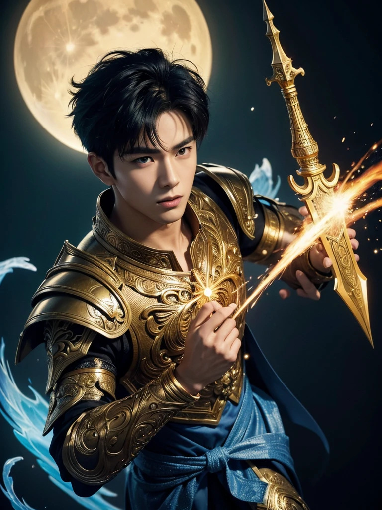 A asian boy like Mighty Archangel Michael, 20-29 years old, handsome, kpop idol actor, many jawline, manly chin, Full Body Shoot, (eyes contact), detailed facial parts, Manly, bare chest, 
Quiff haircut :: high detail, is in highly detailed battle armor, holding a detailed flaming blue sword of golden pearls, detailed fingers, a flaming sacred aura radiating from his body, stylish model pose, moon background, surreal, fantasy, magical, intricate details, depth of field. Best quality, masterpiece, ultra high resolution, (anime realism, photorealistic: 1.4), perfect composition, centered, symmetry