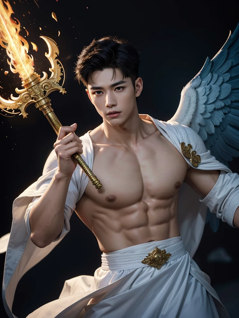 A asian boy like Mighty Archangel Michael, 20-29 years old, handsome, kpop idol actor, many jawline, manly chin, Full Body Shoot, (eyes contact), detailed facial parts, Manly, bare chest,
Quiff haircut :: high detail, is in highly detailed battle armor, holding a detailed flaming blue sword of golden pearls, detailed fingers, a flaming sacred aura radiating from his body, stylish model pose, moon background, surreal, fantasy, magical, intricate details, depth of field. Best quality, masterpiece, ultra high resolution, (anime realism, photorealistic: 1.4), perfect composition, centered, symmetry