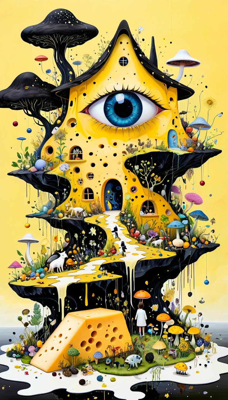 Intense visual fusion of various elements，broto，microorganism、plantar、Cheese house、Eye、wild animal life，Stitching an abstract painting，Describing the inner world of autistic people，Sense of space，blank space，interesting，innocence，psychedelic art，yellow and black,3d