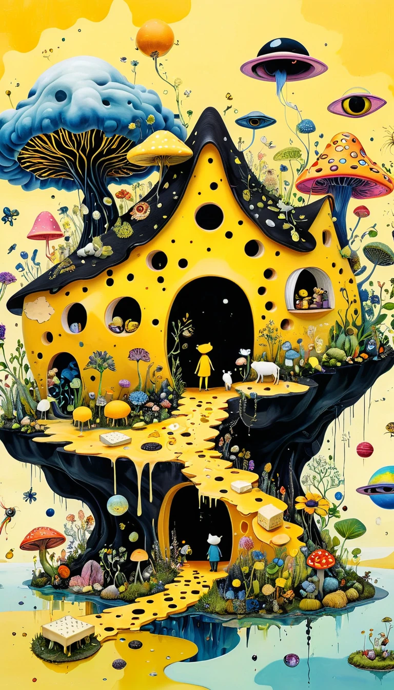 Intense visual fusion of various elements，broto，microorganism、plantar、Cheese house、Eye、wild animal life，Stitching an abstract painting，Describing the inner world of autistic people，Sense of space，blank space，interesting，innocence，psychedelic art，yellow and black,3d