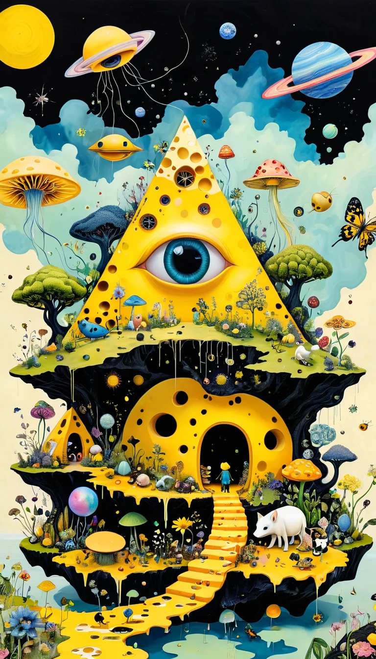 Intense visual fusion of various elements，broto，microorganism、plantar、Cheese house、Eye、wild animal life，Stitching an abstract painting，Describing the inner world of autistic people，Sense of space，blank space，interesting，innocence，psychedelic art，yellow and black,3d