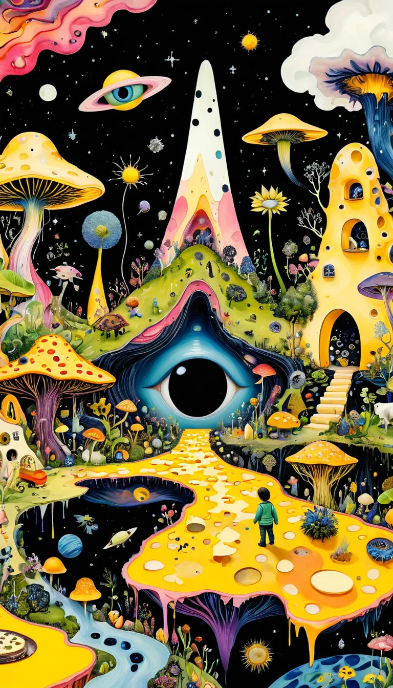 Intense visual fusion of various elements，broto，microorganism、plantar、Cheese house、Eye、wild animal life，Stitching an abstract painting，Describing the inner world of autistic people，Sense of space，blank space，interesting，innocence，psychedelic art，yellow and black,3d