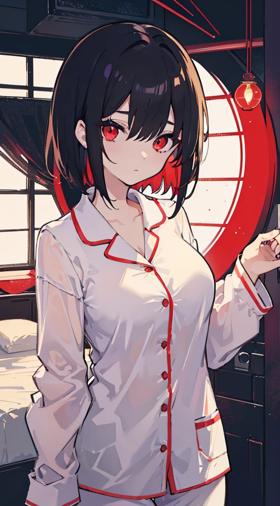 1 girl, black hair,red eyes, short hair,hair over one eye, Large Breasts, pajamas