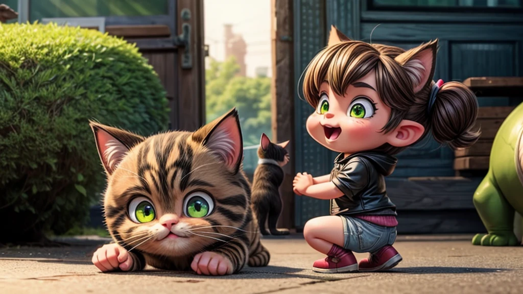 a giant cat, nekomata, startling a girl, beautiful detailed eyes, beautiful detailed lips, extremely detailed eyes and face, long eyelashes, portrait, intricate details, highly detailed, hyper realistic, 8k, masterpiece, dramatic lighting, moody atmosphere, eerie, surreal, supernatural, fantasy, cinematic, vivid colors, chiaroscuro