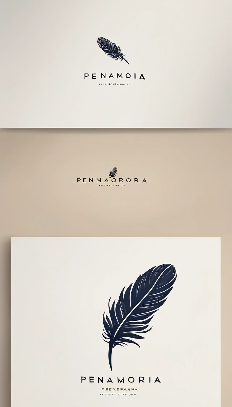 A minimal, modern, simple, cinematic logo design for the brand “Penamemoria". Create a modern, minimalistic, high-quality, masterpiece, fantastic, poetic feather that symbolizes dreams and stories.