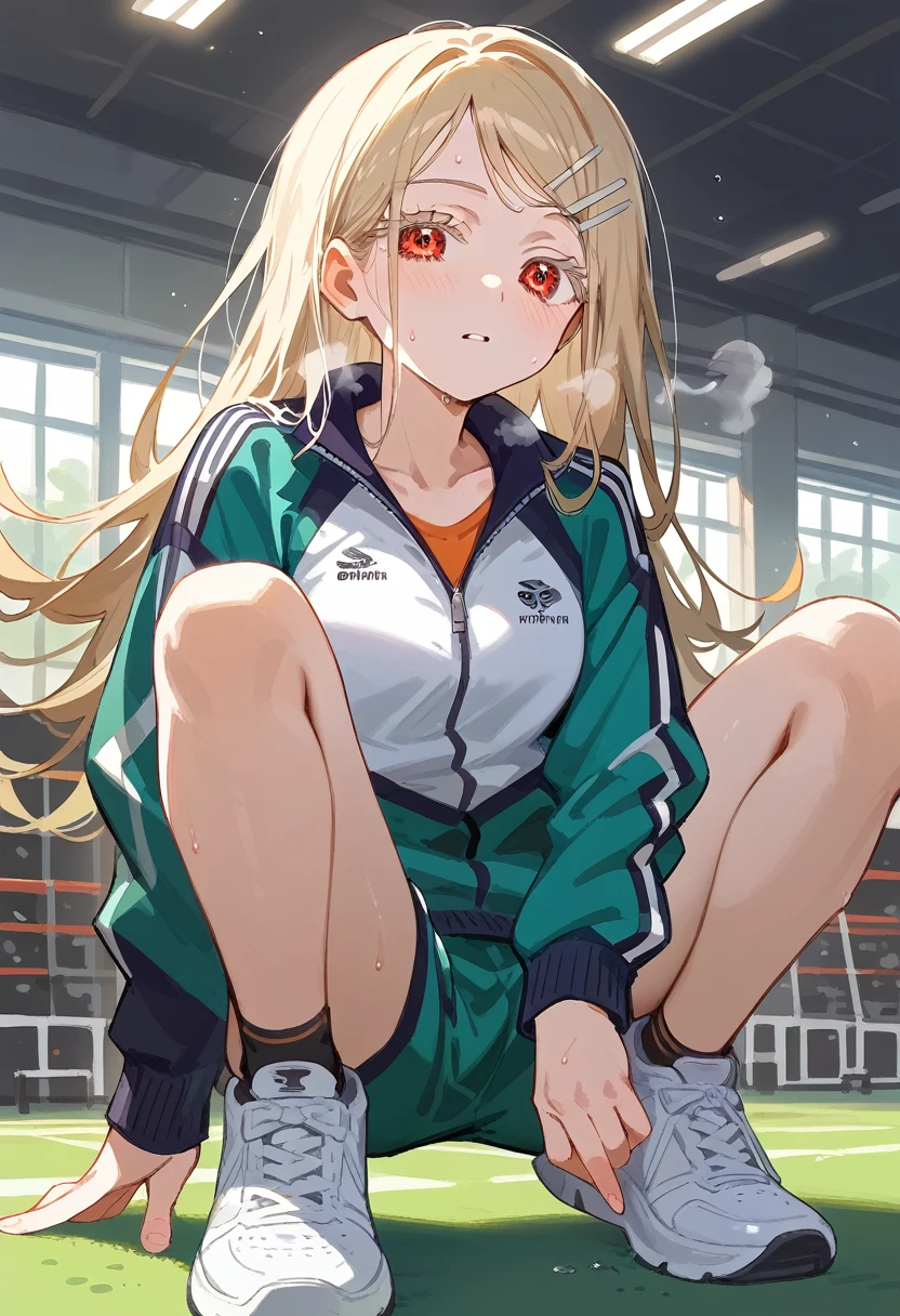 best quality, masterpiece, Uncensored, Birk, Macro Gym,Hiroshi Shinozawa,slim,Orange Eyes,White eyelashes,Blonde Hair,Long hair,Hairpin,sport jacket,Green shorts,White sneakers, Sweating on the head, Heavy breathing, Head focus, Transparent sneakers, Cardigan,