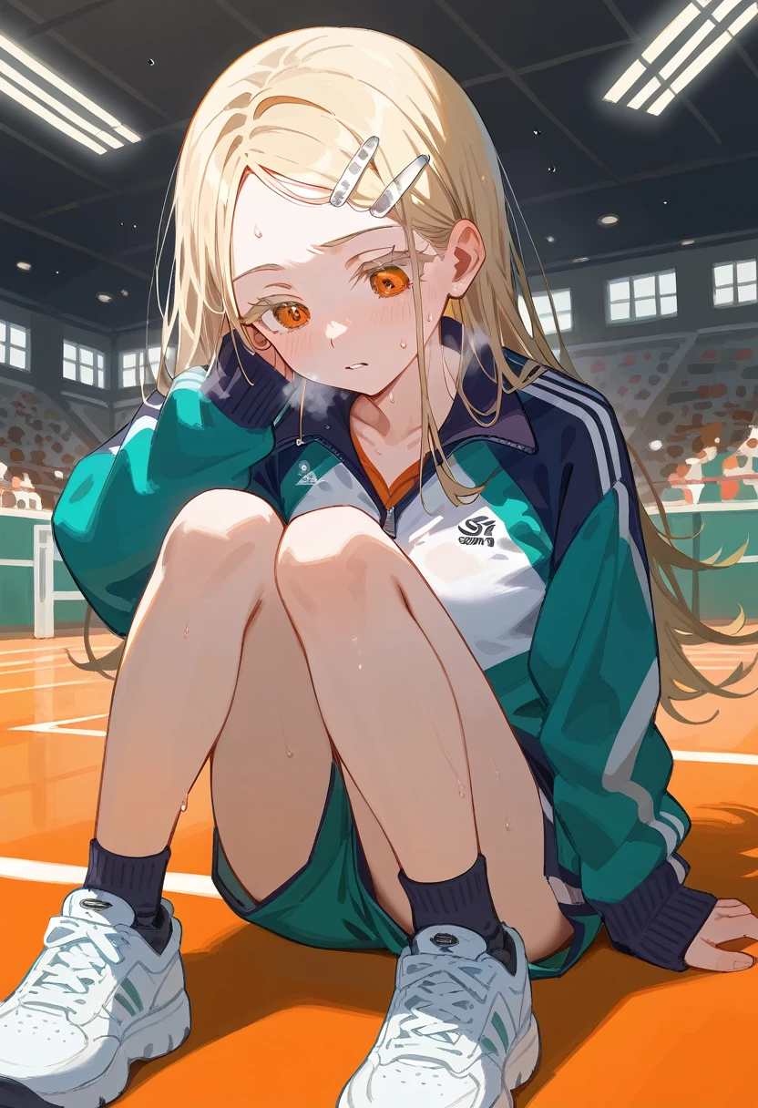 best quality, masterpiece, Uncensored, Birk, Macro Gym,Hiroshi Shinozawa,slim,Orange Eyes,White eyelashes,Blonde Hair,Long hair,Hairpin,sport jacket,Green shorts,White sneakers, Sweating on the head, Heavy breathing, Head focus, Transparent sneakers, Cardigan,