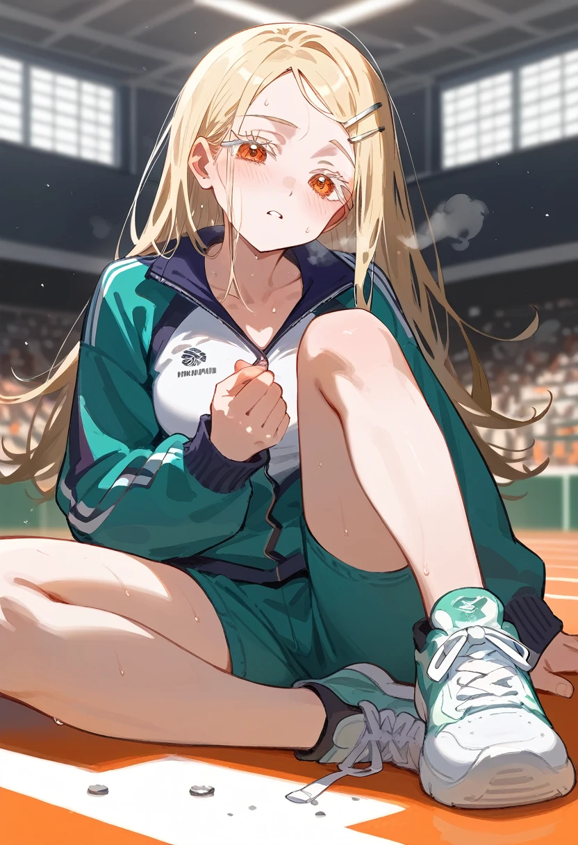 best quality, masterpiece, Uncensored, Birk, Macro Gym,Hiroshi Shinozawa,slim,Orange Eyes,White eyelashes,Blonde Hair,Long hair,Hairpin,sport jacket,Green shorts,White sneakers, Sweating on the head, Heavy breathing, Head focus, Transparent sneakers, Cardigan,