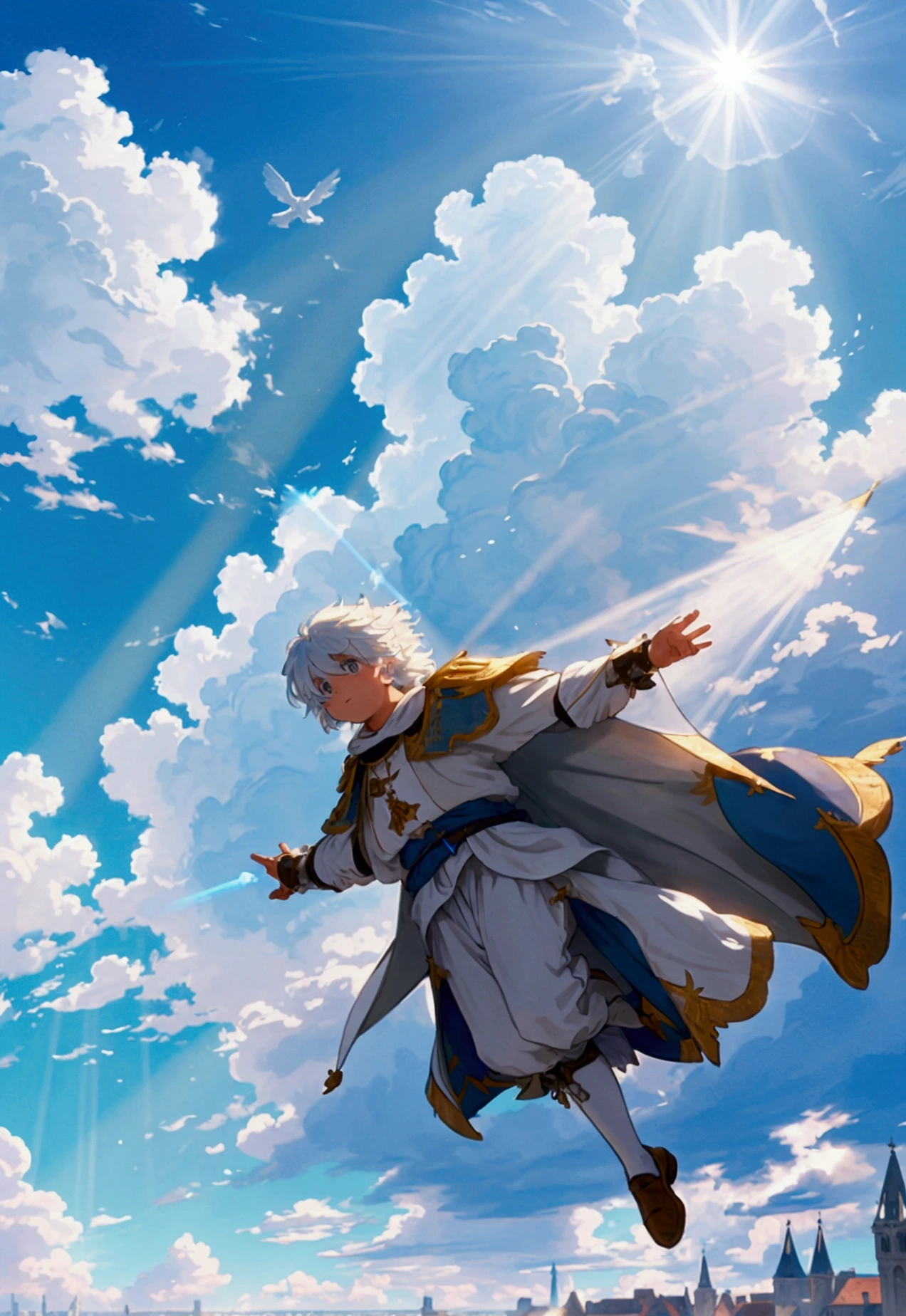 An expansive, bright blue sky filled with fluffy Ultra Realistic highly detailed white clouds  white clouds illuminated by rays of sunlight. In the middle of the screen a boy is free falling from the sky. Below is an old European town of the medieval times.