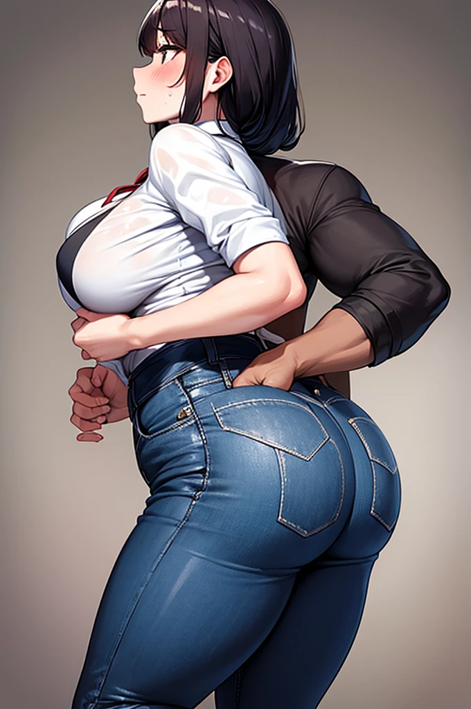 Big-breasted woman is grabbed from behind by a man and has his penis pressed against her ass、blush、Sweaty smell、Side view angle