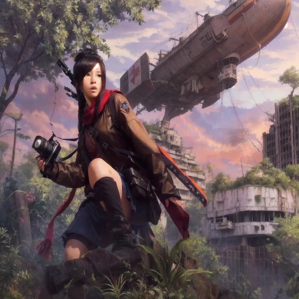 anime girl with camera, a blimp ship in the background, post apocalyptic explorer wearing red scarf, boots, blue skirt and with a sling bag.