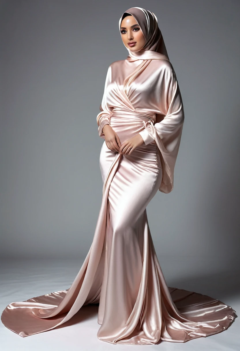 a sexy a woman wrapped in large satin cloth, tied tightly with the satin cloth, the satin hanging down very long, a mermaid style dress, wearing a satin hijab, the satin cloth is very long, forming the curve of the body, flowy satin about 4 meter,full body,masterpice, 4k resolution, ultra-realistic, highly detail.