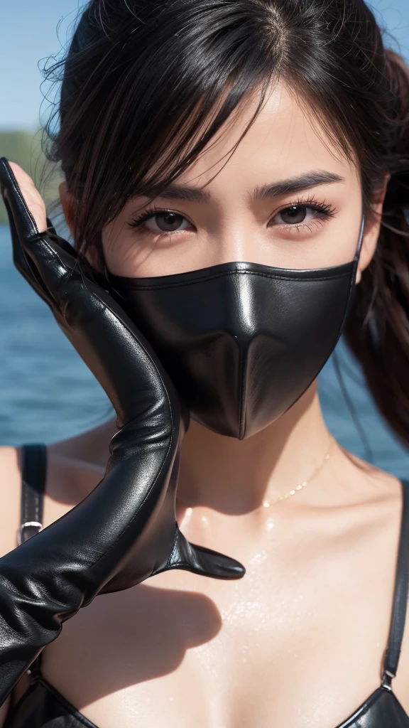 Kakashi Hatake, (At the Lake), masterpiece, Highest quality, super high quality, 不条理なdetailed, The best light, Best Shadow, sharp, sharp picture, detailed face, detailed eyes, detailed hair, detailed, extremely detailed, Amazing resolution, 8k, 4K, Ultra-high resolution, Ray Tracing, Beautiful Effects, Image of (whole body)Black leather gloves up to your fingertips