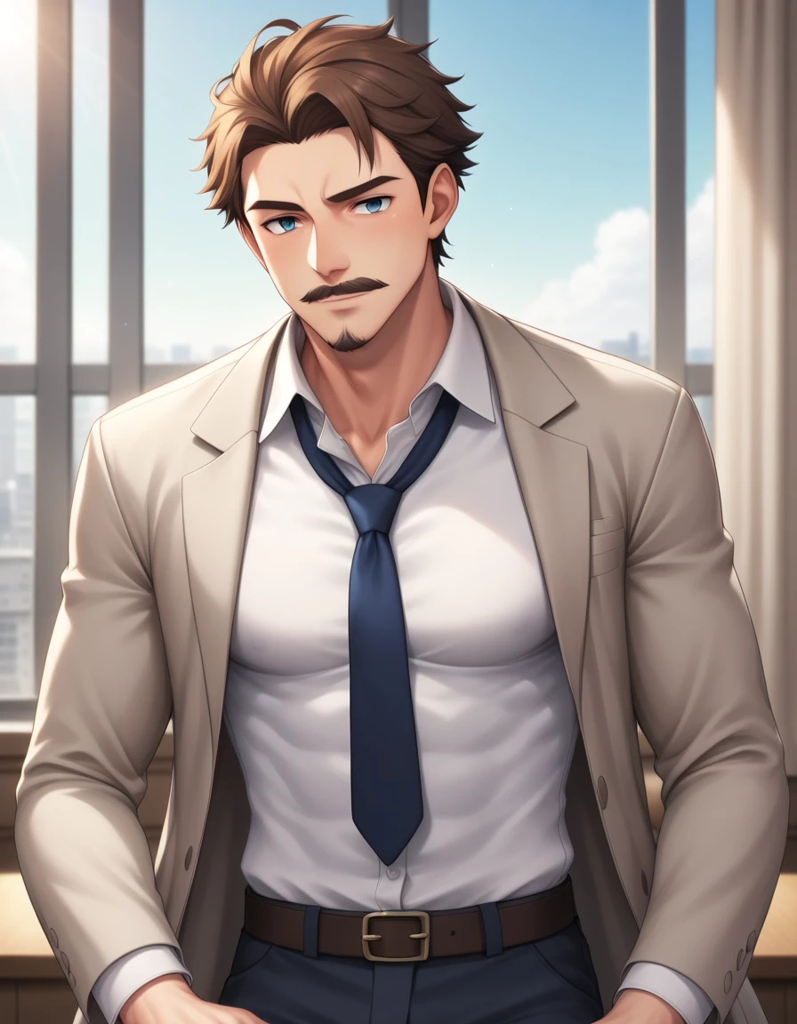 score_9, score_8_up, score_7_up, source_anime, score_6_up, score_5_up, score_4_up, BREAK 1man, mature male, parted bangs, medium-short hair, brown hair, muscular male celeb, short goatee, short mustache, indigo eyes, gentleman, elegant netori male, dark iris, upperwaist, BREAK solo, white collared shirt, gray trench coat, black neck ribbon, in gentle sasaki style, visual novel, 2010s, extreme all detailed, masterpiece, best quality