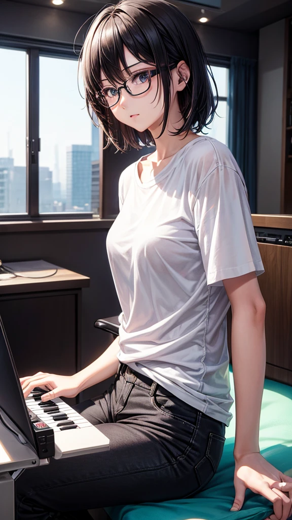 play keyboard、Plain white T-shirt、Wolf Hair、Black trousers、Glasses、One Woman One Girl, Gaze,