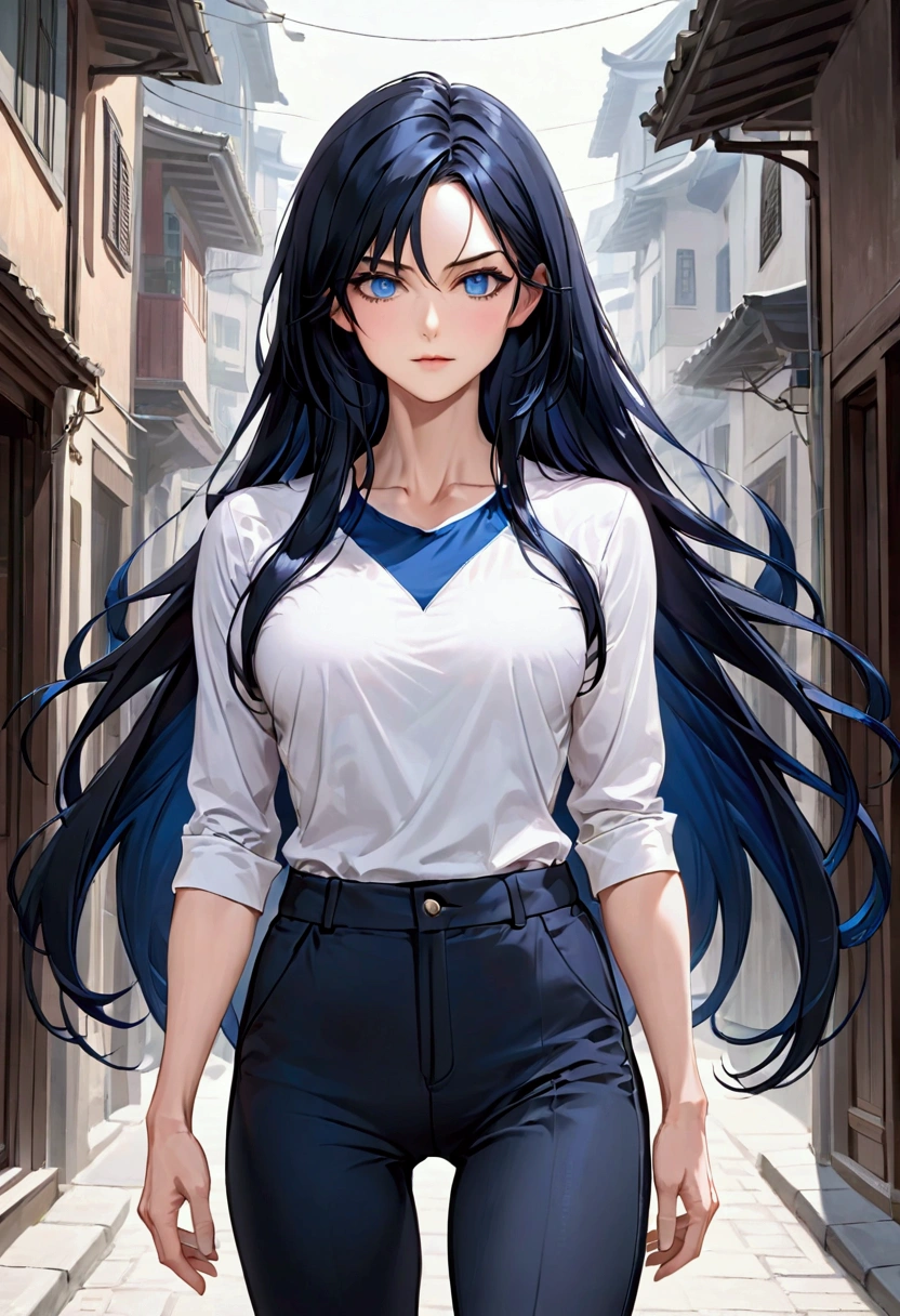 long black hair with inner dark blue hair, dark blue eyes, tall athletic body,mature face, black pants white shirt