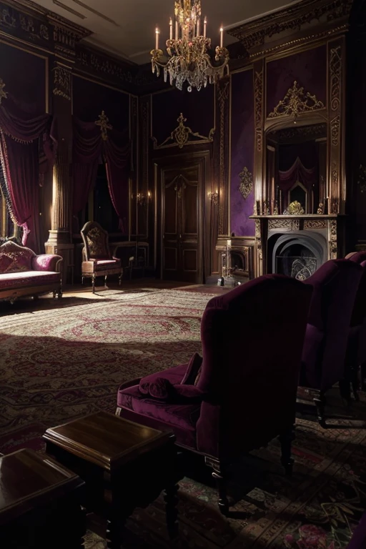 masterpiece, a lot of beauty,great quality, Very detailed, Intricate, cinematic lighting,Room in the house from the horror movie Rose Red, victorian mansion, aisle, luxury, extravagant, never, lovely, baroque and excessive decoration, delusional, terrifying, Winchester mansion. Purple and violet and red and green tones.