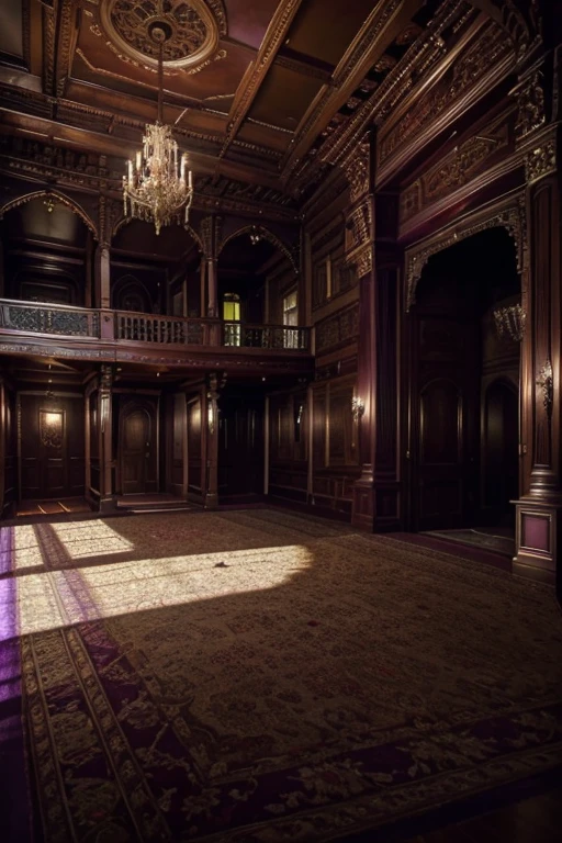 masterpiece, a lot of beauty,great quality, Very detailed, Intricate, cinematic lighting,Room in the house from the horror movie Rose Red, victorian mansion, aisle, luxury, extravagant, never, lovely, baroque and excessive decoration, delusional, terrifying, Winchester mansion. Purple and violet and red and green tones.