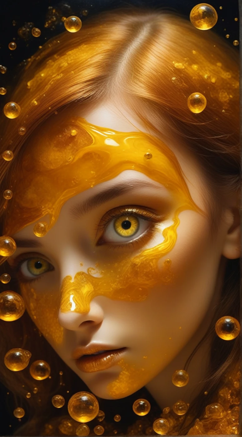 ajanicki brlla In the depths of the amber, a dark and mysterious world unfolds, where a surreal death girl with eyes of liquid gold wanders, lost in the amber's enigmatic dreamscape surrealistic 