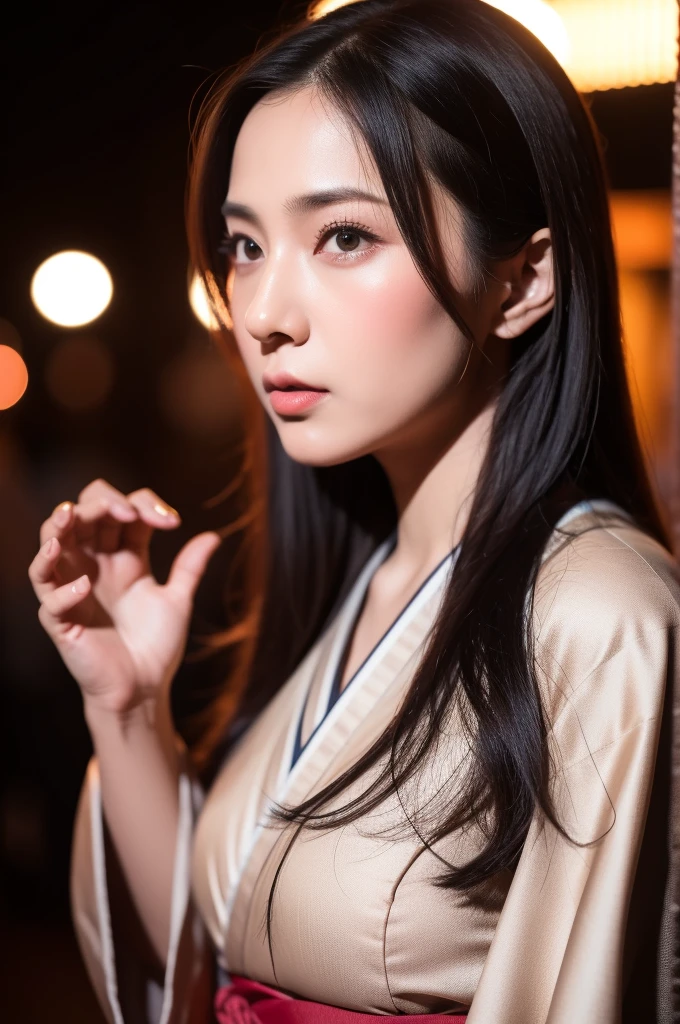 Surrealism, High detail, Cinema Lighting, Ray Tracing, viewing angle, Eye-level shot, Hyper HD, masterpiece, Textured skin, 4K, Highest quality, Beautiful woman in kimono, Background of the Danjiri Festival in Kishiwada, Osaka Prefecture, Japan、A glamorous atmosphere、Prompt Content Surprised、
