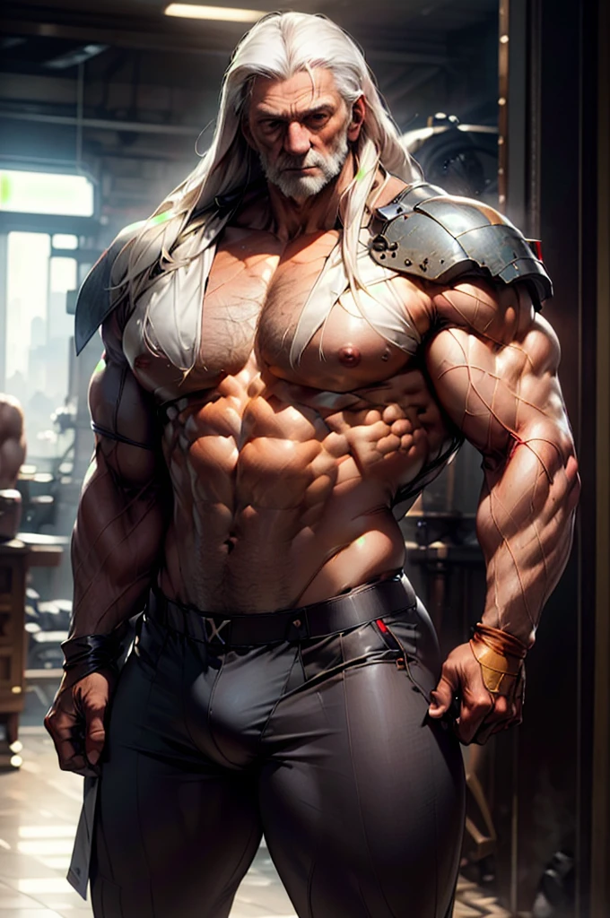 Volumetric cinematic lighting (highly detailed: 1.4), digital rendering, sharp soft focus, 8k full body rendering, action shot, realistic reflections, cinematic compositing, dante, uncovered body, closeup, upper body,hot pose, portrait, helmet removed, old man, long hair, white hair, detailed face, red ais, thick body, big muscle, naked, stocky body, (large pectorals:2,2), hard abdomen, wide arms, sexy, nsfw, hot, piel clara, skinny