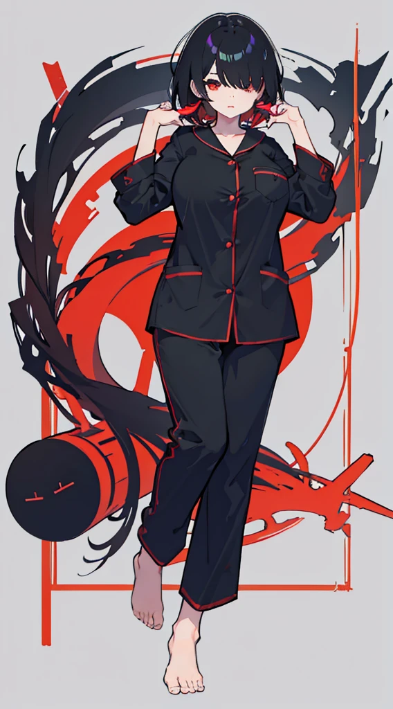 1 girl, black hair,red eyes, short hair,hair over one eye, Large Breasts, pajamas, full body