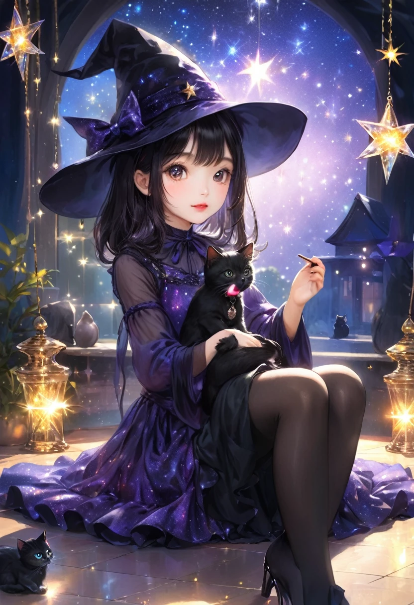  witch,girl, Sitting elegantly and playing with a black kitten,Magic Background 、The background is a glittering star