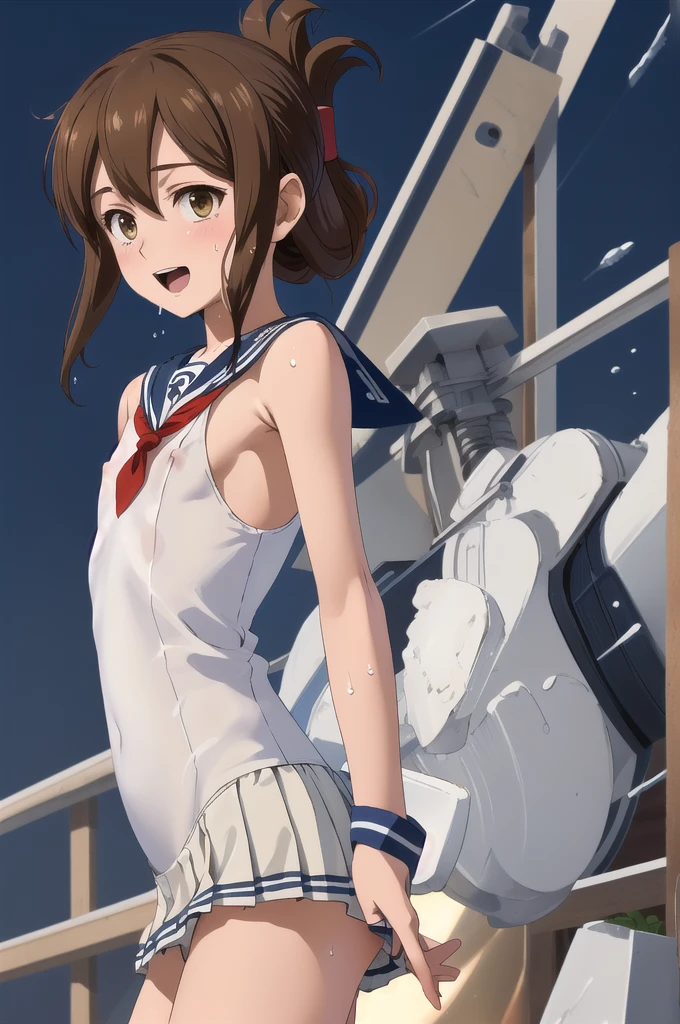 Highest quality, masterpiece, High resolution, alone, {inazuma_Fleet Collection}, brown_hair, Folded_ponytail, brown_eye, length_hair, Open_mouth, smile, Sailor suit, show off panties, (White panties), Wet clothes,Nipples, ,((Flat Chest, Small breasts, flat chest)), Navy blue pleated skirt