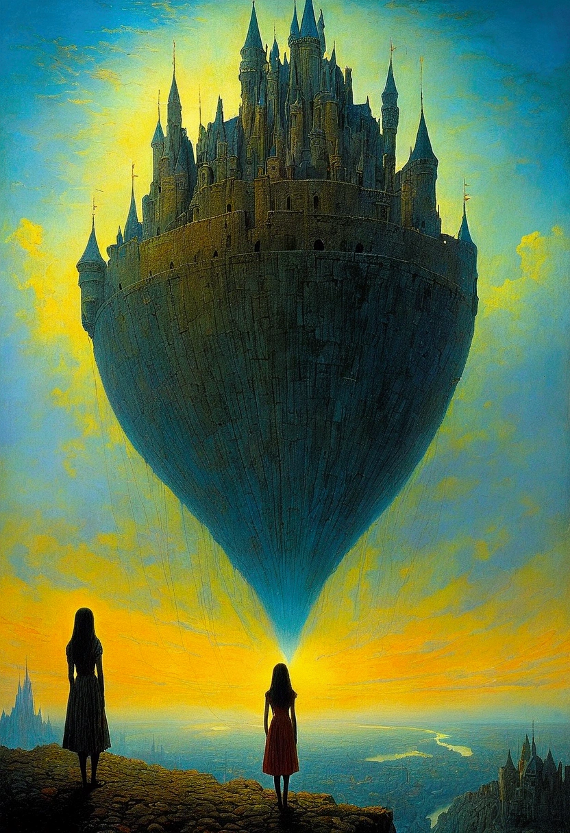 author：Zdzislaw Beksiński、Big Eye in the Sky、girl、Huge castle