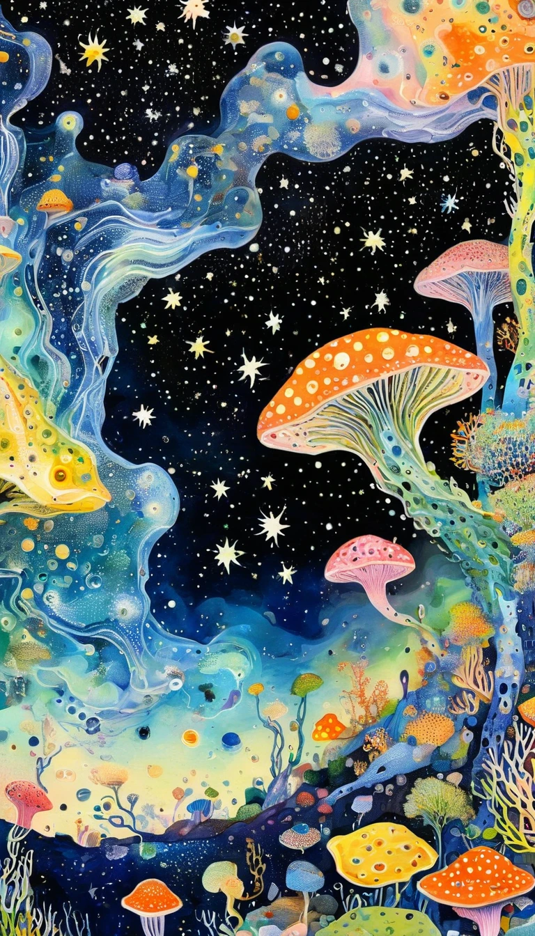plantar、Marine life、Ojo、Starry sky，An abstract painting in the joint，Describing the inner world of autistic people，Sense of space，blank space，Pointillism method，psychedelic art，interesting：1.5。Trypophobia