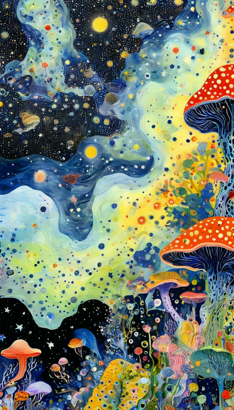 plantar、Marine life、Ojo、Starry sky,An abstract painting in the joint,Describing the inner world of autistic people,Sense of space,blank space,Pointillism method,psychedelic art,interesting:1.5。Trypophobia