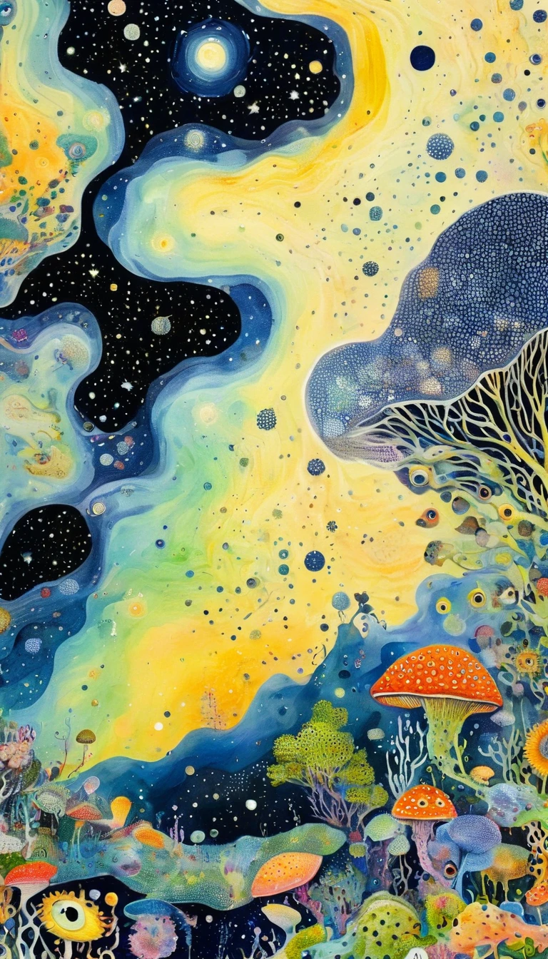 plantar、Marine life、Ojo、Starry sky,An abstract painting in the joint,Describing the inner world of autistic people,Sense of space,blank space,Pointillism method,psychedelic art,interesting:1.5。Trypophobia
