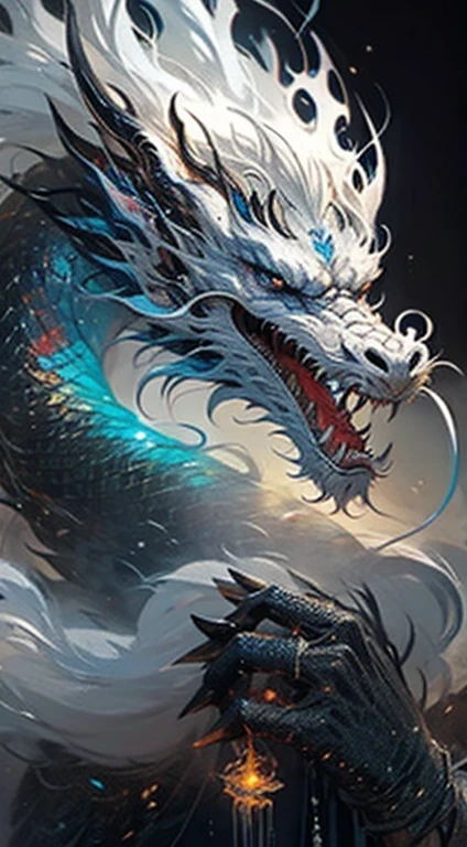 High resolution,Highly detailed,8ก,(boy:1.9),cool guy,High definition face,Short, messy silver-white hair. And a medium white hair stood at the tip.,A talented dark magic master.,Black and white magic master set,Hands burning with blue flames,Fire Spell,The ferocious black dragon leaned towards the protagonist.,which is very detailed,ultra high definition,Thick coating,Dragon surrounds the background.