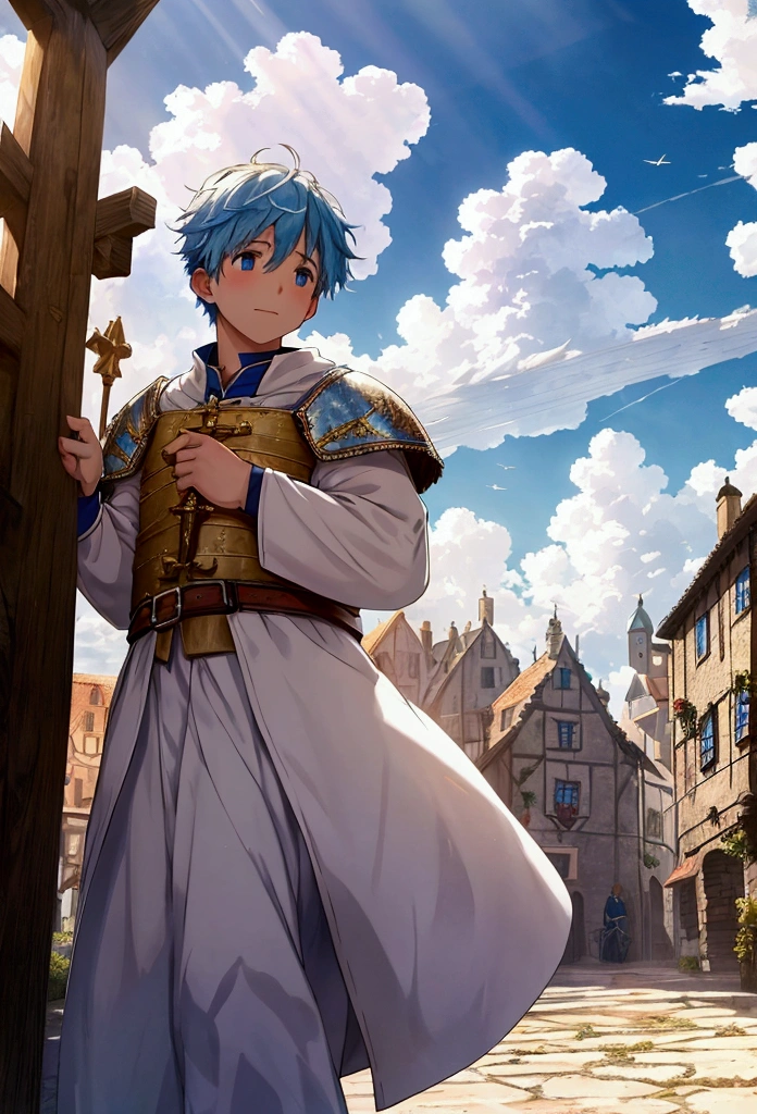 An expansive, bright blue sky filled with fluffy Ultra Realistic highly detailed white clouds white clouds illuminated by rays of sunlight. In the middle of the screen a boy is free falling from the sky. Below is an old European town of the medieval times.
