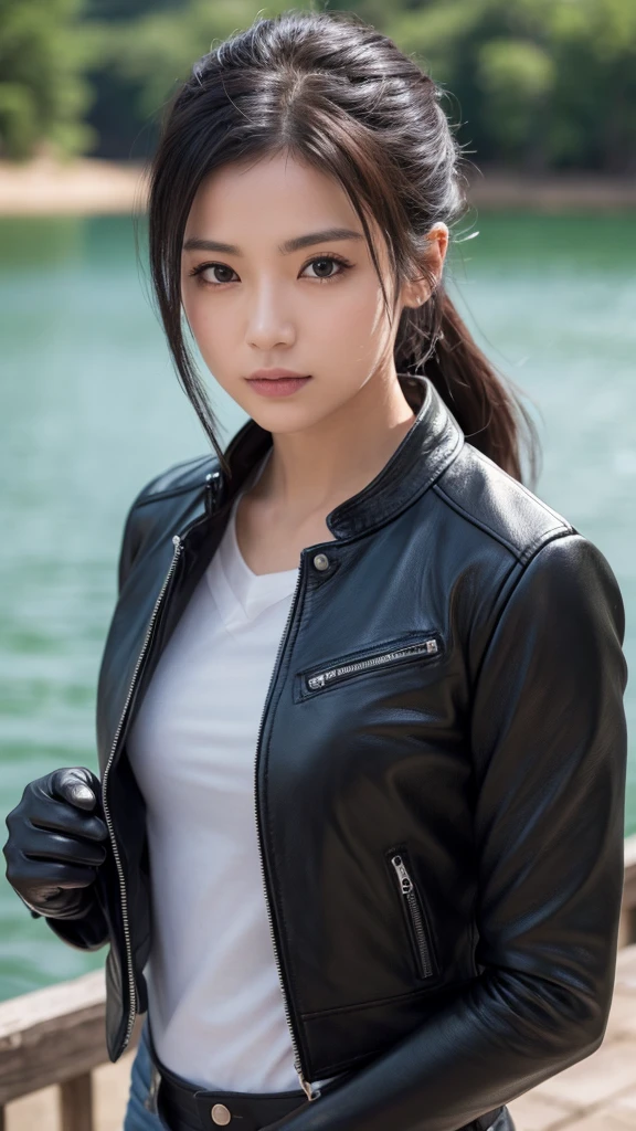 Kakashi Hatake, (At the Lake), masterpiece, Highest quality, super high quality, 不条理なdetailed, The best light, Best Shadow, sharp, sharp picture, detailed face, detailed eyes, detailed hair, detailed, extremely detailed, Amazing resolution, 8k, 4K, Ultra-high resolution, Ray Tracing, Beautiful Effects, Image of (whole body)Black leather gloves up to your fingertips Black leather rider jacket