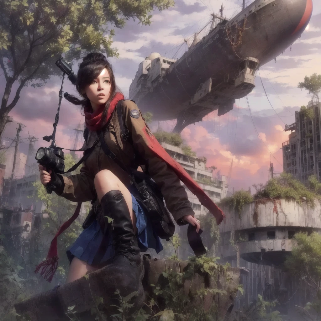 girl with camera, a blimp ship in the background, post apocalyptic explorer wearing red scarf, boots, blue skirt and with a sling bag.