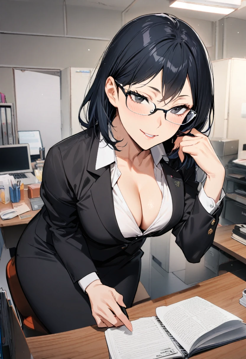 1girl, shimizu kiyoko, haikyuu!!, 35years old,make up,office lady,business suit,black blazer,longsleeve,white collared shirt,black tight skirt,glasses,office,sitting on the desk,spreading collar,in the working,looking up,seductive smile,cleavage,masterpiece, best quality, absurdres,