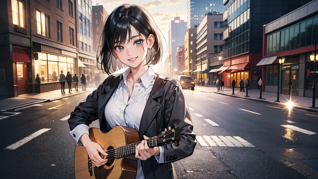 (perfect anatomy:1.2)(absurdres, highres, ultra detailed),masterpiece,best quality,high resolution,8k,Realistic face,Realistic skin texture,magnified textures, stunning clarity,detailed anime girl,(ultra detailed eyes and face),(1 girl:1.5)21years old,she is office worker,,black hair, bob cut,natural make,grey jacket,grey pants,white brouse,sparkling eyes.small nose,roundface,(Plays the acoustic guitar on the street),night,bussines district,she is walking,(looks happy:1.5),feeling freedom,(smile:1.5),(look at viewer),upper body