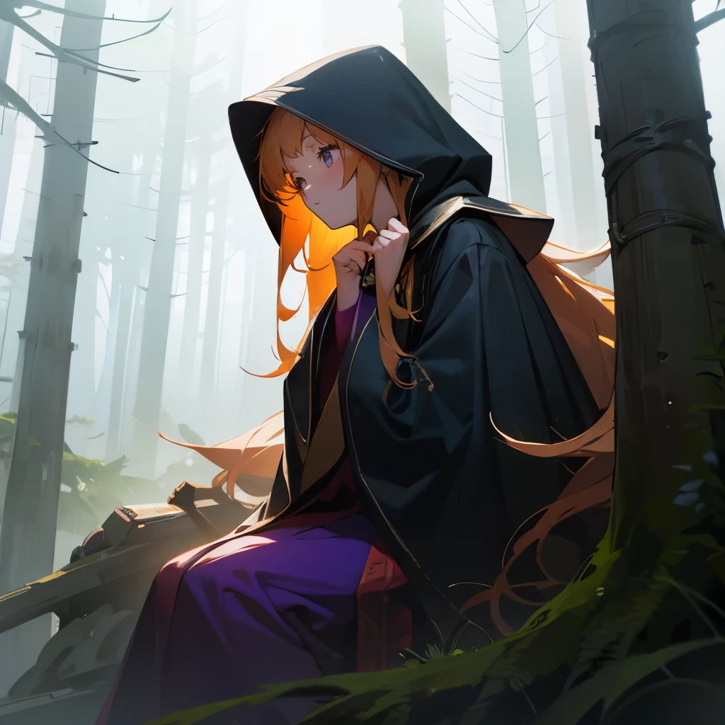 A young girl sitting in the middle of a misty forest. BREAK Dark purple hooded cloak, long braided golden hair. BREAK Sitting with a pensive expression, looking down at an old scar on her neck. BREAK Dense, foggy forest with towering trees surrounding her.