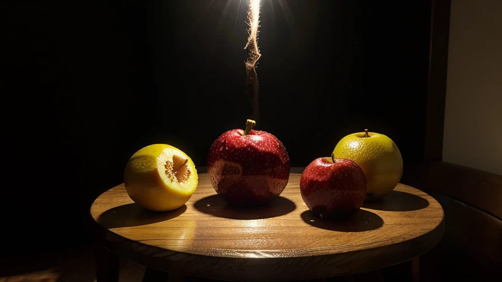 an image of fruits on table, photorealitic, dramatic lighting