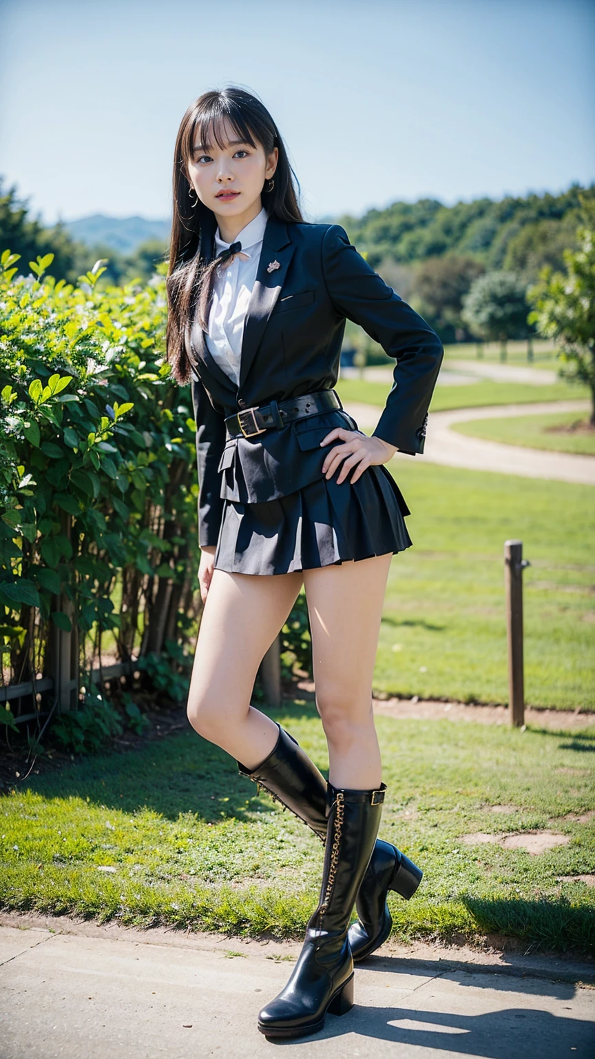 (8k、RAW Photos、Highest quality、masterpiece:1.2)、(Realistic、Realistic)、1 Girl、((suit、Black Mini Skirt、boots、garden、View from the front、Looking at the camera、belt、Hands on your hips))、cute