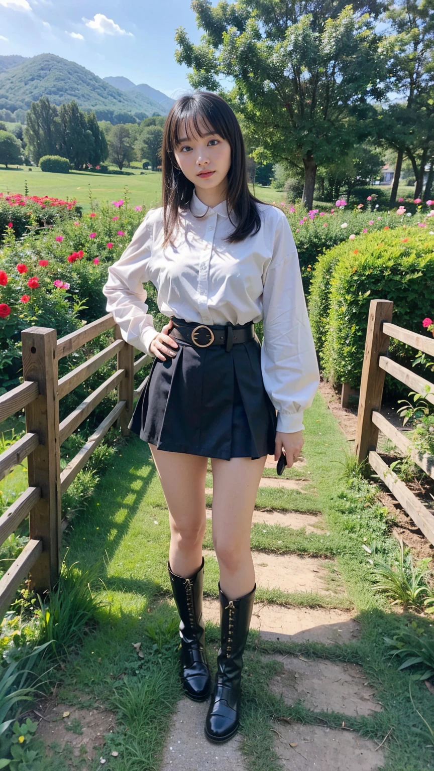 (8k、RAW Photos、Highest quality、masterpiece:1.2)、(Realistic、Realistic)、1 Girl、((suit、Black Mini Skirt、boots、garden、View from the front、Looking at the camera、belt、Hands on your hips))、cute